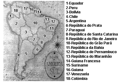 Esse mapa foi feito a partir da suposição de que, se a Família Real Portuguesa não tivesse vindo para o Brasil em 1808, o processo de independência brasileira teria sido diferente.