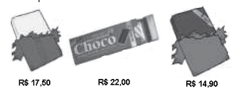 Chocolates com os seguintes preços: R$17,50; R$22,00 e R$14,90