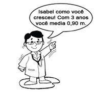 Ilustração de um médico dizendo "Isabel como você cresceu! Com 3 anos você media 0,90m"