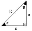 Triângulo retângulo com ângulo alfa, beta e reto. Medidas dos lados igual a 10, 8 e 6